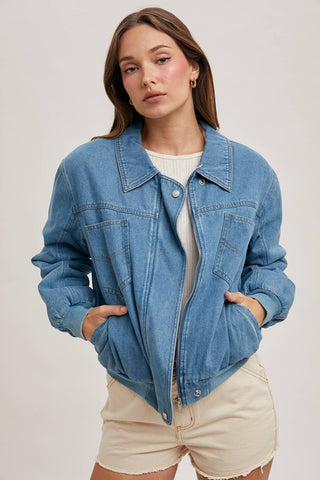 Bluivy Detachable Faux Fur Collar Lined Zippered Denim Jacket