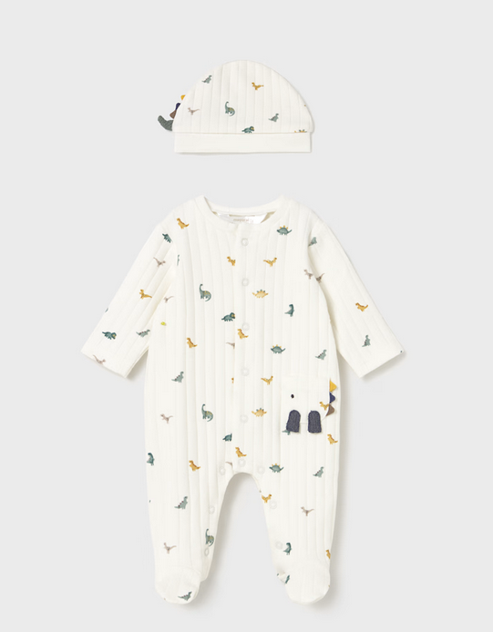 2717 Baby Boy Eco-Cotton L/S Ribbed 3D Dino Footie & Beanie Set - Natural/Green