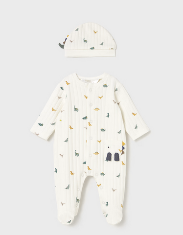 2717 Baby Boy Eco-Cotton L/S Ribbed 3D Dino Footie & Beanie Set - Natural/Green