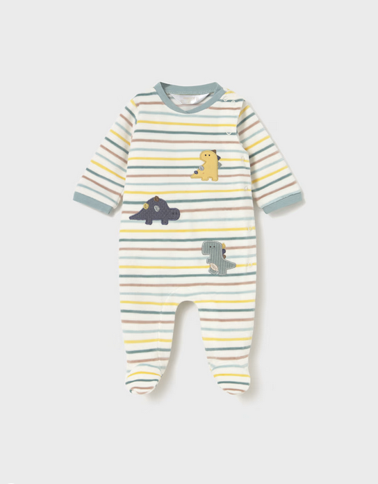 Mayoral baby boy long sleeve velour embroidered kimono snap footie, sage dino stripes, front view
