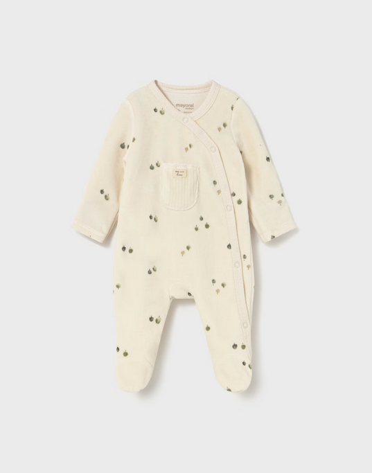 Mayoral baby snap trap door velour footie, cream sage, front view