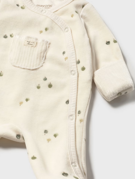 2729 Baby UNISEX Eco-Cotton Snap Trap Door Velour Footie UNISEX - Cream Sage baby boy or baby girl
