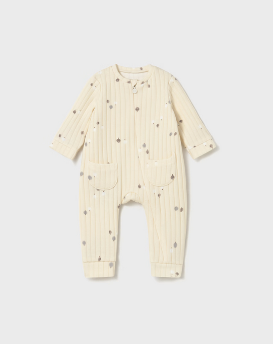 Mayoral baby long sleeve ribbed long romper, cream ceramic pottery, front view