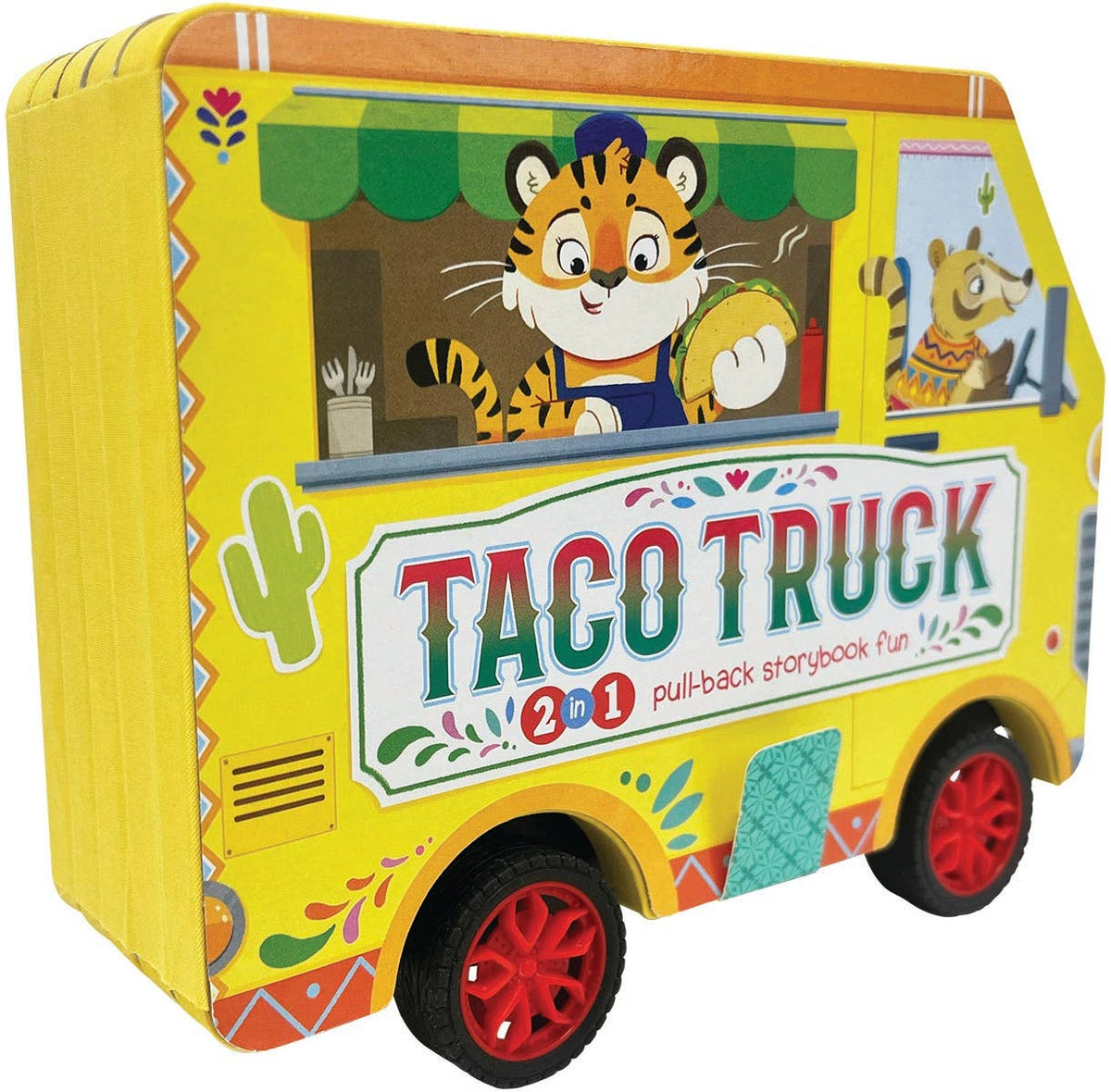Taco Truck pull-back storybook shaped like a yellow food truck with Tiger
