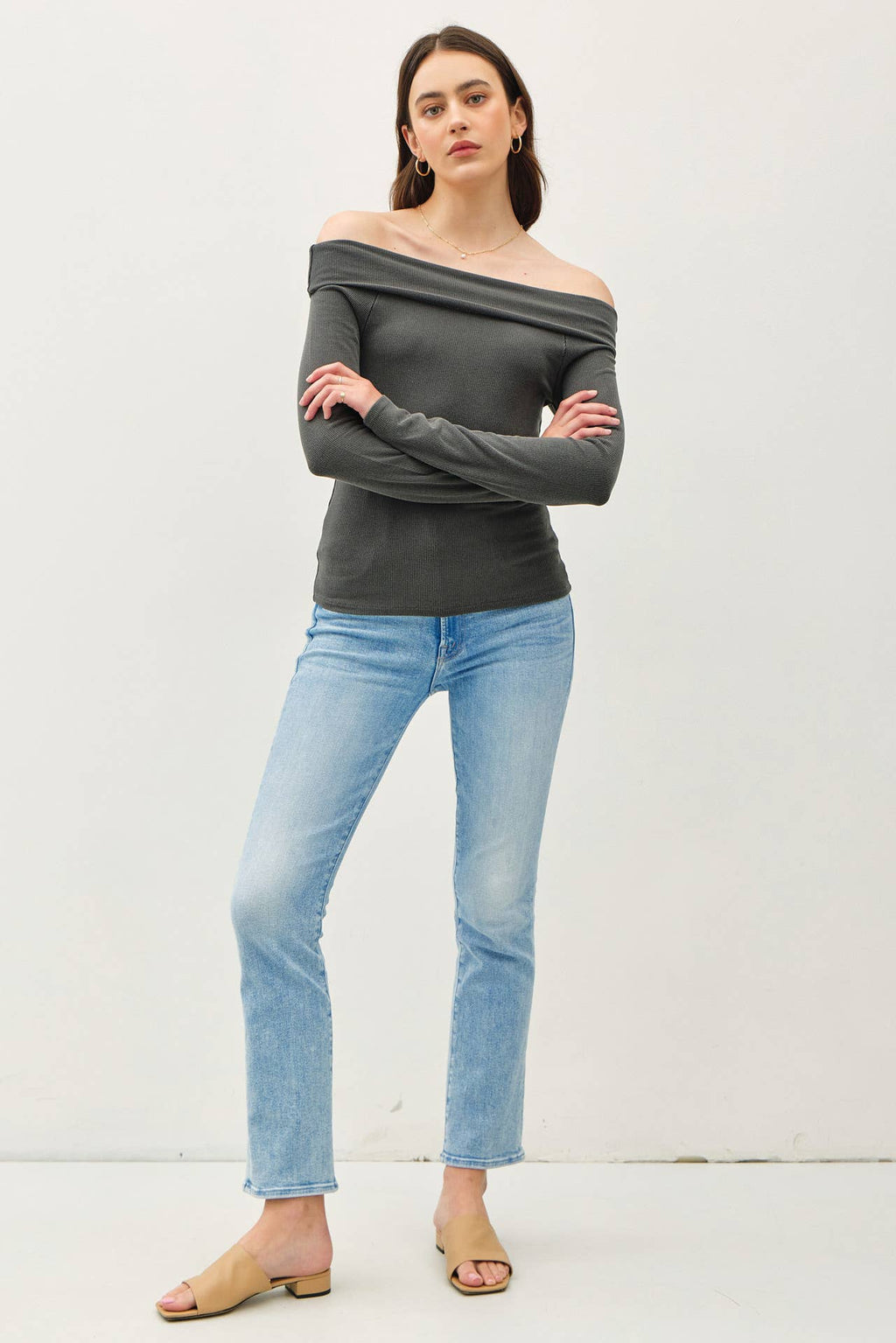 Women's/Teens Soft Solid Off Shoulder Long Sleeve Fitted Top: Charcoal