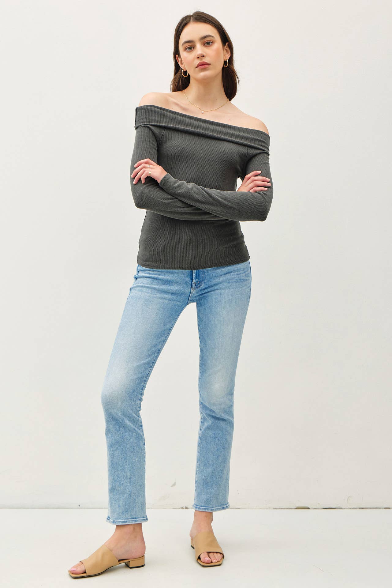 Women's/Teens Soft Solid Off Shoulder Long Sleeve Fitted Top: Charcoal