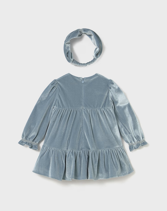blue dress for baby girl 2904 Toddler Girls 2pc Smocked Velvet Dress and Headband Set