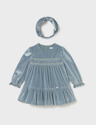 2904 Toddler Girls 2PC Smocked Velvet Dress and Headband Set - Blue Bell