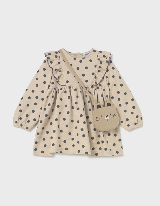 Mayoral toddler girl eco-sustainable cotton 2 piece printed dress and plush crossbody purse set, tapioca dot kitty, front view