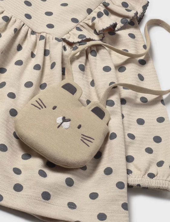 2920 Toddler Girls Eco-Sustainable Cotton 2PC Printed Dress and Plush Crossbody Soft Kitty Purse Set - Tapioca Dot Kitty