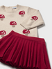 2925 Toddler Girls 2PC Eco-Recycled Fibers Tricot Pleated Knit Skirt and Knit Sweater Set - Red/Tan Mushrooms