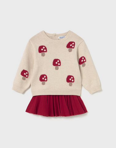 2925 Toddler Girls 2PC Eco-Recycled Fibers Tricot Skirt and Knit Sweater Set - Red/Tan Mushrooms
