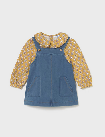 2926 Toddler Girls 2PC Dungaree Denim Overall Dress Set, Mustard Printed Ruffled Blouse