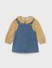 2926 Toddler Girls 2PC Dungaree Denim Overall Dress Set, Mustard Printed Ruffled Blouse