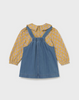 2926 Toddler Girls 2PC Dungaree Denim Overall Dress Set, Mustard Printed Top