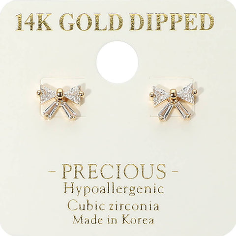 14K Gold Dipped Hypoallergenic Mini CZ Bow Stud Earrings: Gold