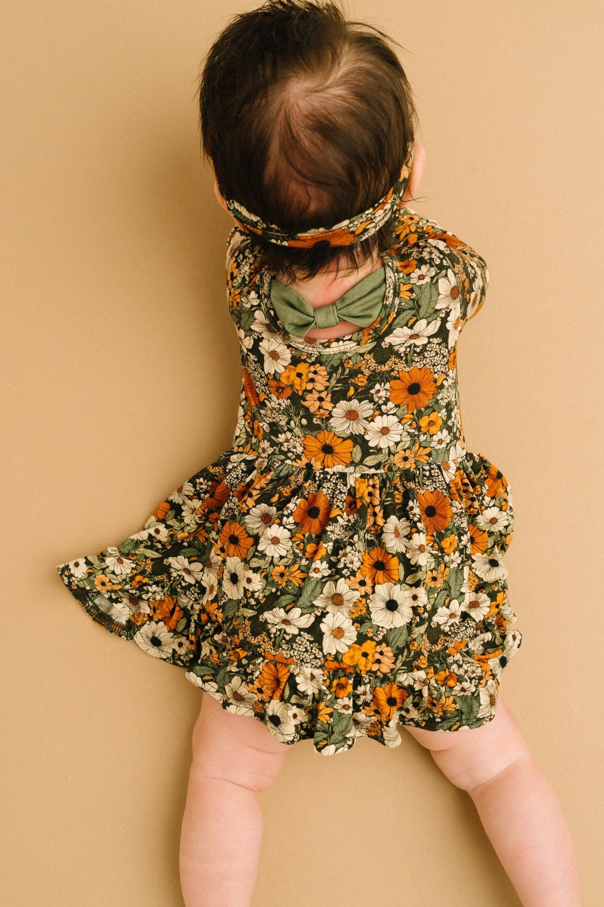 Bamboo Zippered L/S Twirl Bodysuit Dress w/Bow Back - Green & Burnt Orange, Rustic Blooms