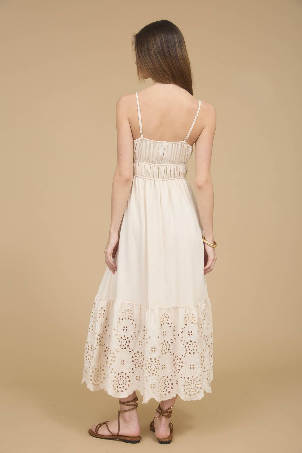 Women's Spaghetti Strap Scalloped Eyelet Lace Hem Sun Dress - Natural Shell