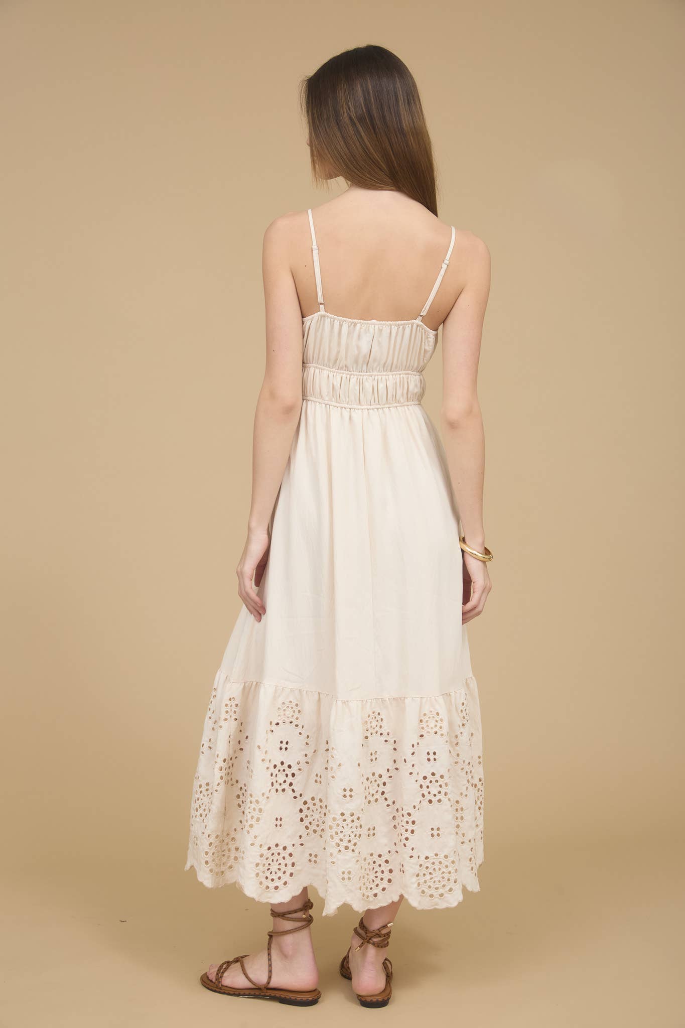Women's Spaghetti Strap Scalloped Eyelet Lace Hem Sun Dress - Natural Shell