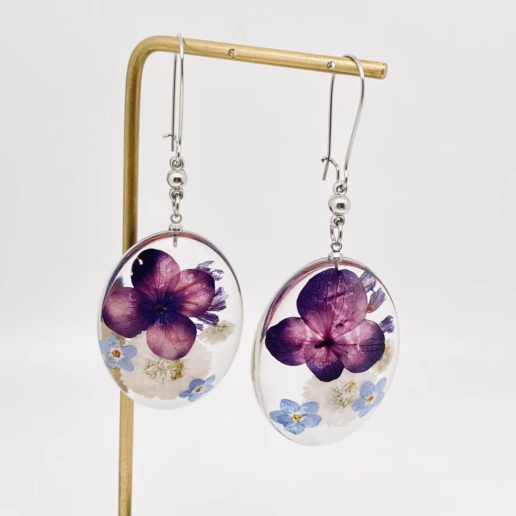 Genuine Pressed Flowers Earrings Dangle Silver Hook, Egg, Purple/Ivory/Blue, Chrysanthemum, Forget-Me-Not