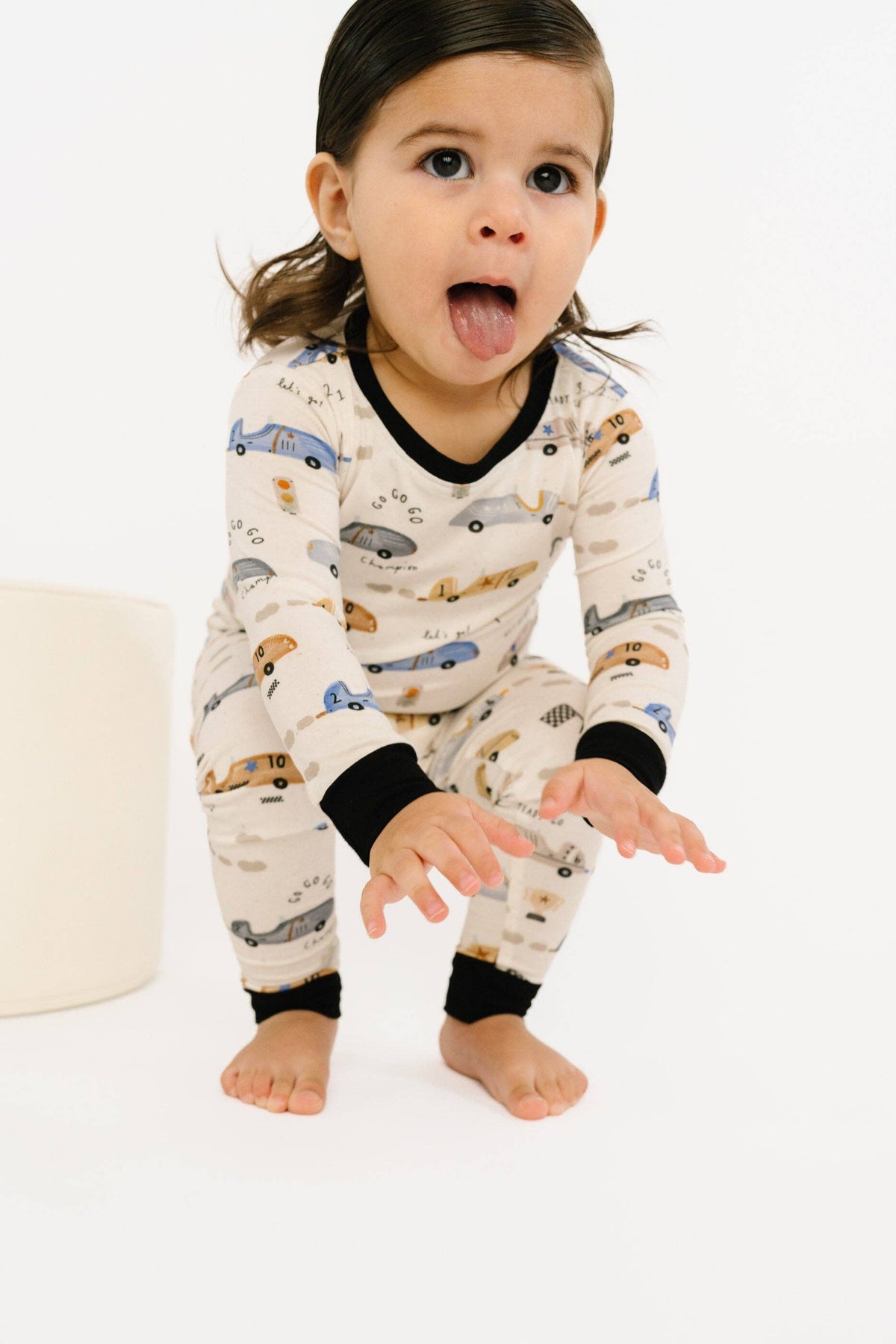 Bamboo 2PC L/S Kids PJs - Vintage Race Cars, B/W