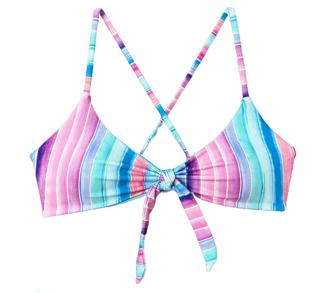 Tween/Teen Reversible Eco-friendly, Sustainable Reversible Swim Top - Sorrento Pink and Blue Stripe
