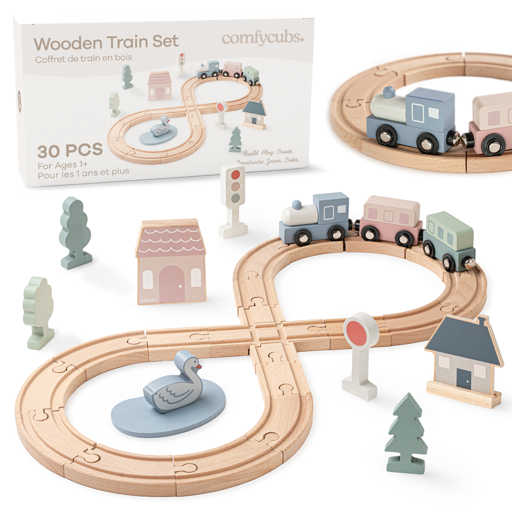 30-piece wooden train set in neutral pastel colors with track, train cars and town accessories