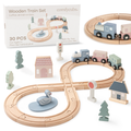 30-piece wooden train set in neutral pastel colors with track, train cars and town accessories