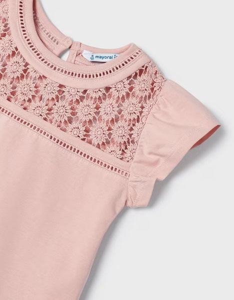 3078 Mini Girls Sustainable Cotton Guipure Lace Capsleeve Tshirt - Nude Pink