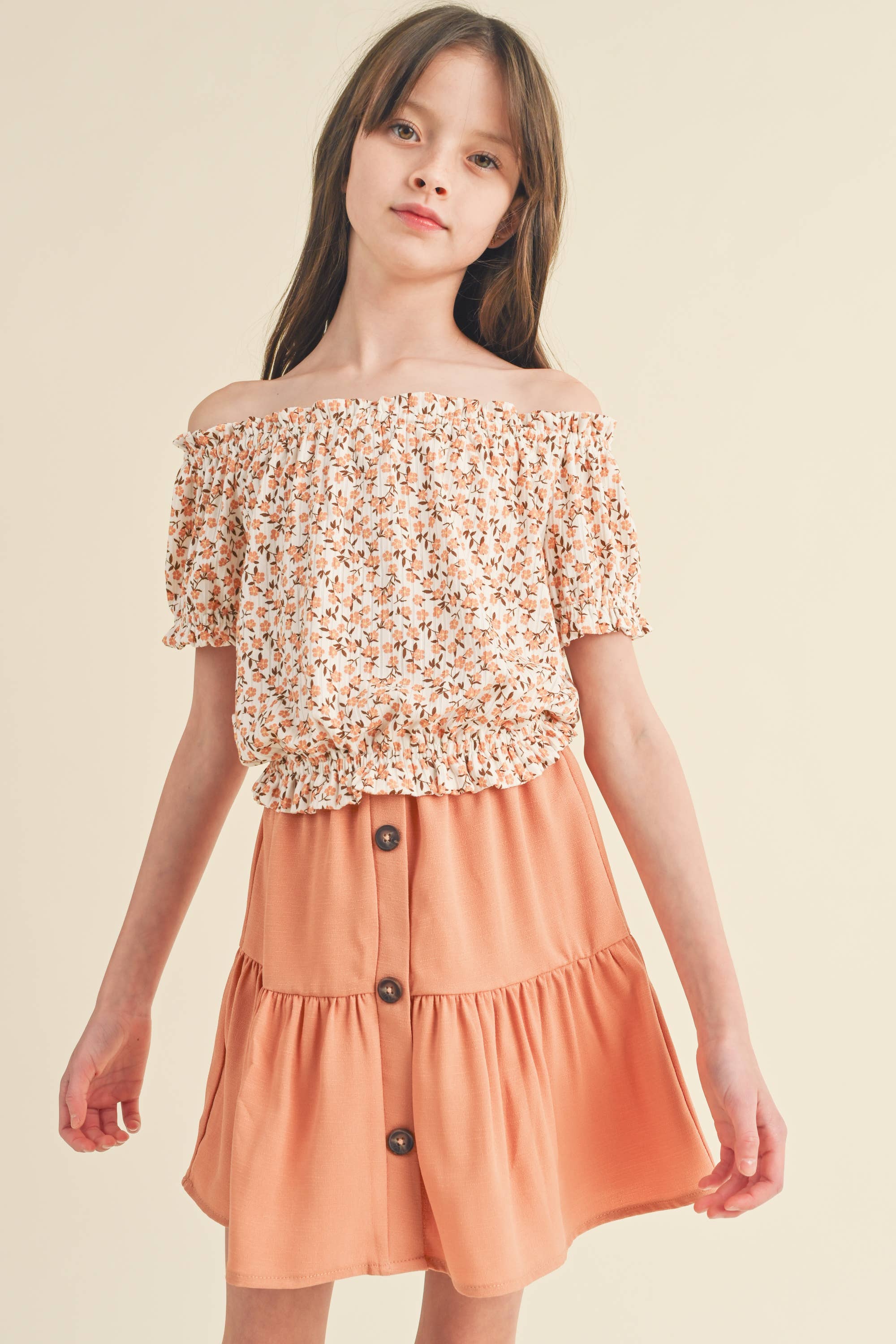 Tween/Teen Girls 2PC Floral Peasant Top and Button Skirt Set - Earthy Poppy/Tan