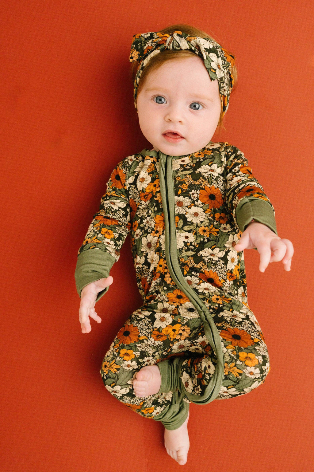 Bamboo Zippered L/S Convertible Romper - Green & Burnt Orange, Rustic Blooms