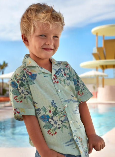 3114 Mini Boys S/S Button Up Collared Tropical Print Shirt - Botanical Aqua