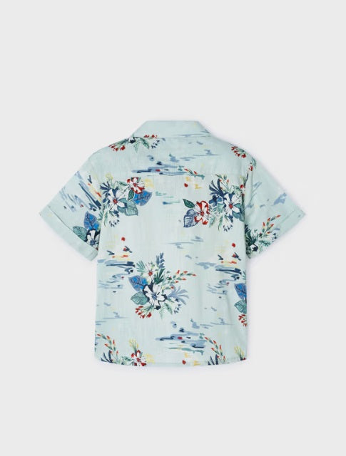 3114 Mini Boys S/S Button Up Collared Tropical Print Shirt - Botanical Aqua