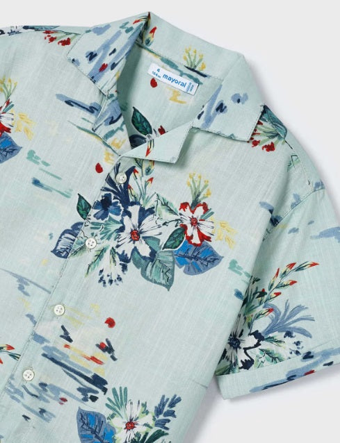 3114 Mini Boys S/S Button Up Collared Tropical Print Shirt - Botanical Aqua