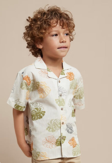 3114 Mini Boys S/S Button Up Collared Palm Print Shirt - Iguana Green