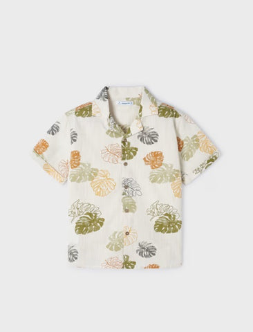 3114 Mini Boys S/S Sustainable Cotton Button Up Collared Palm Print Shirt - Iguana Green