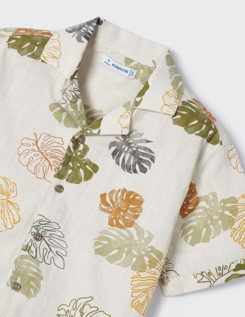 3114 Mini Boys S/S Button Up Collared Palm Print Shirt - Iguana Green