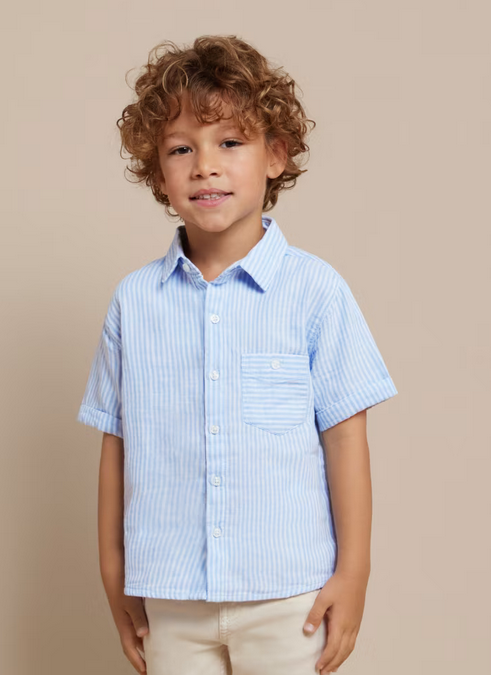 Mayoral boys short sleeve sustainable cotton button up collared striped, light blue, front view