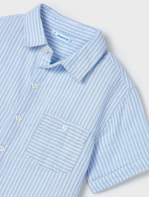 3117 Mini Boys S/S Sustainable Cotton Button Up Collared Striped - Light Blue