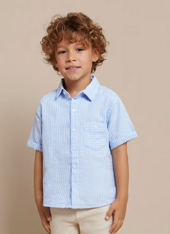 3117 Mini Boys S/S Sustainable Cotton Button Up Collared Striped - Light Blue