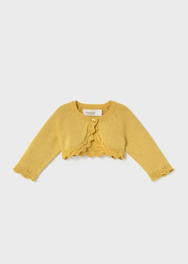 Mayoral baby girl scalloped trim knit bolero cardigan, sunflower yellow, front view