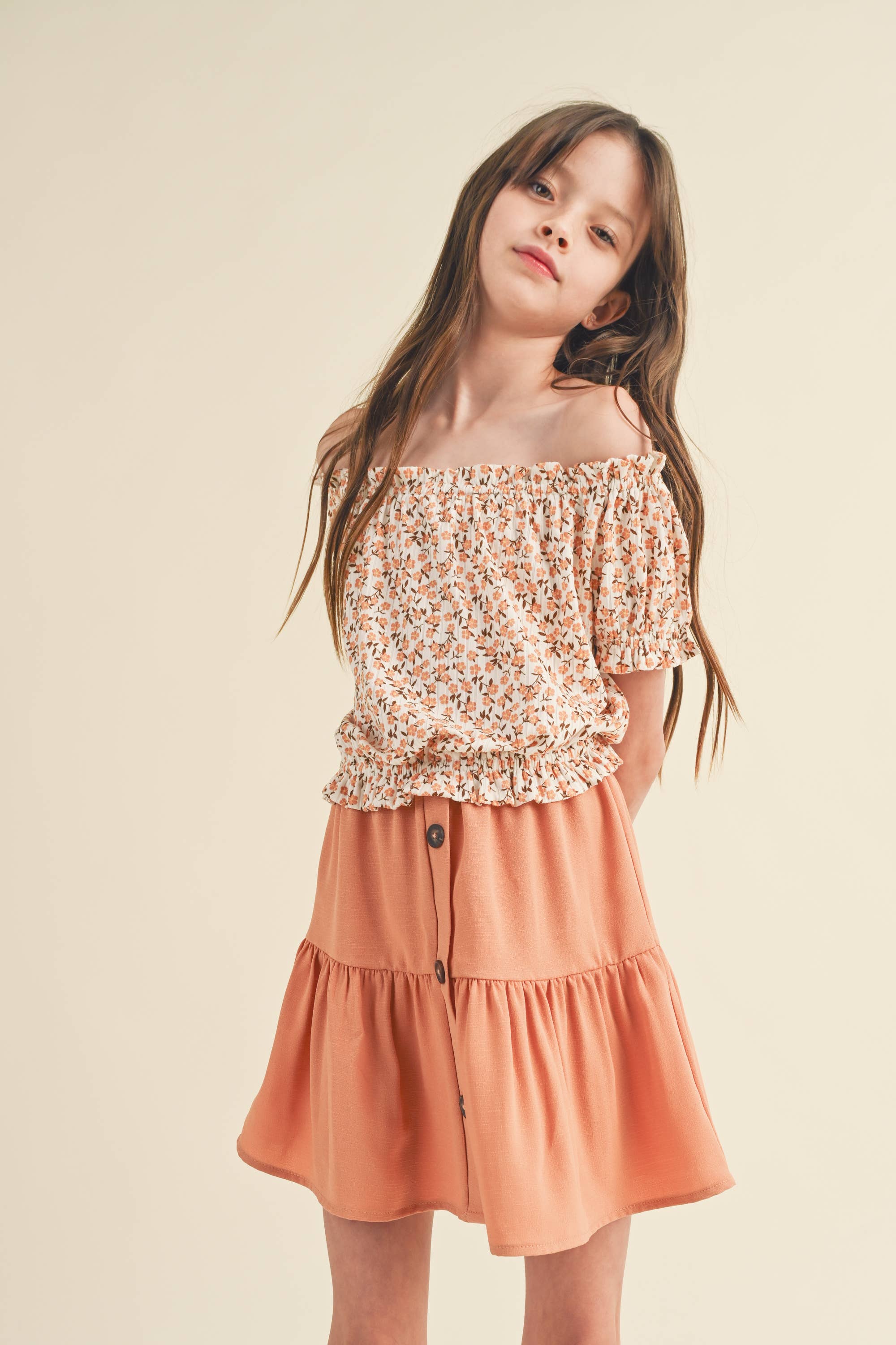 Tween/Teen Girls 2PC Floral Peasant Top and Button Skirt Set - Earthy Poppy/Tan