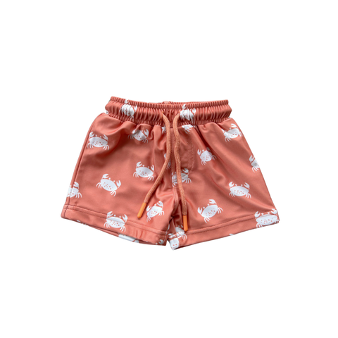 Toddler and Mini Boy's Swim Shorts Recycled Swimwear UPF 50, Crab Sunset