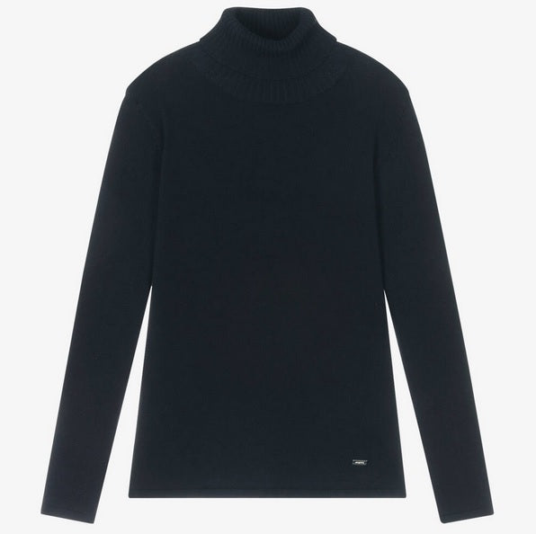 Mayoral tween girls rolled turtleneck sweater, navy, front view