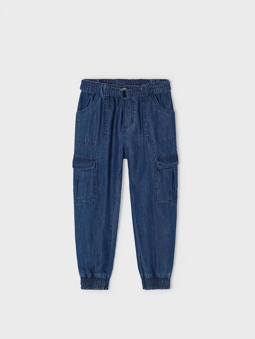 3531 Mini Girls Sustainable Tencel Soft Denim Jogger Cargo Pants - Dark Wash