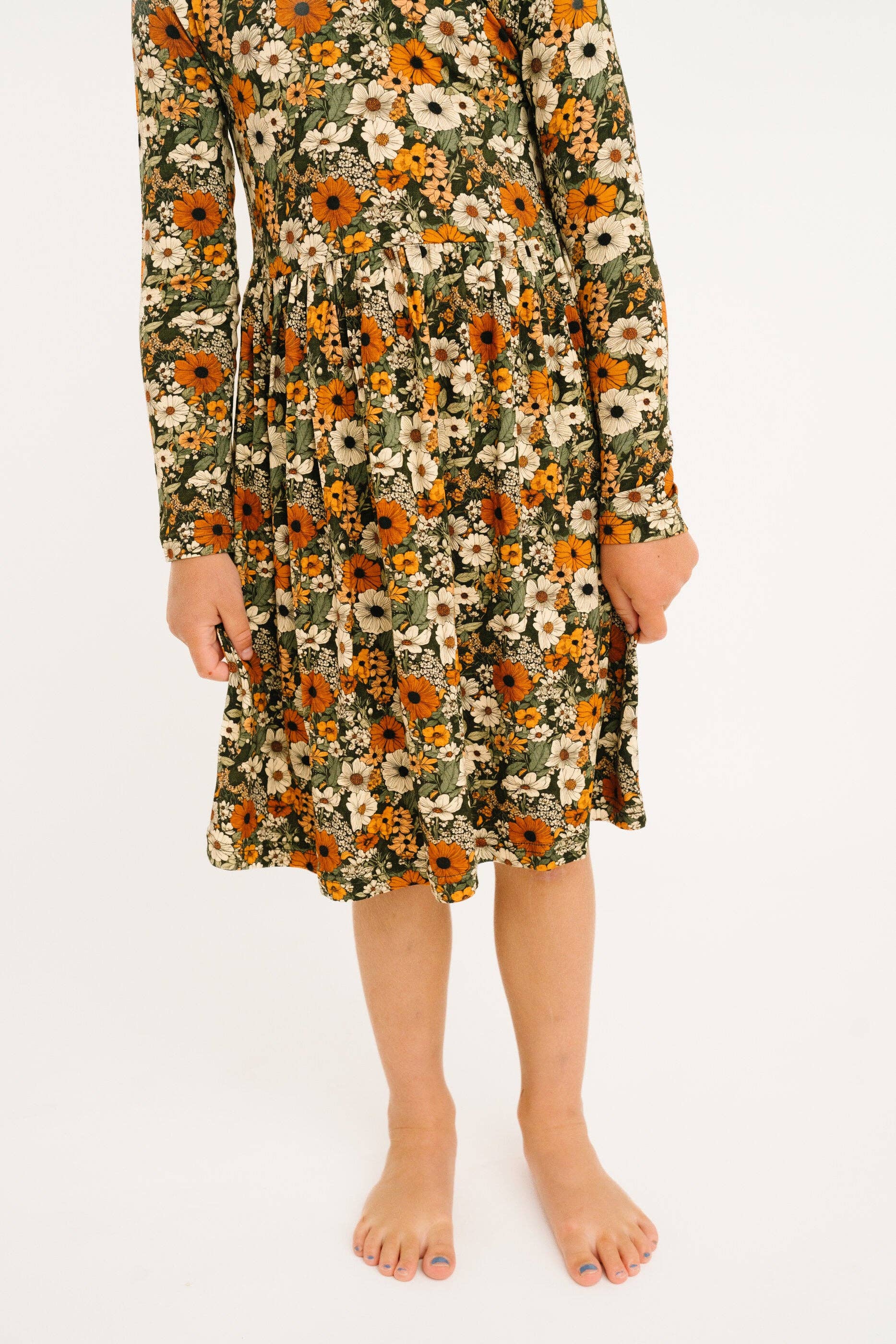 Bamboo L/S Twirl Dress - Green & Burnt Orange, Rustic Blooms