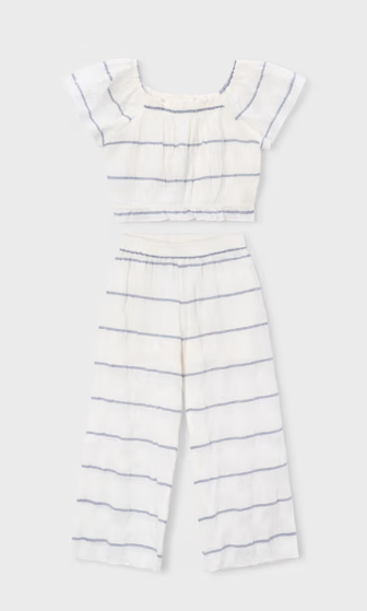 3593 Mini Girls 2pc Eco-Cotton Muslin Cropped S/S Cropped Top and Wide Leg Pants - Porcelain Stripe