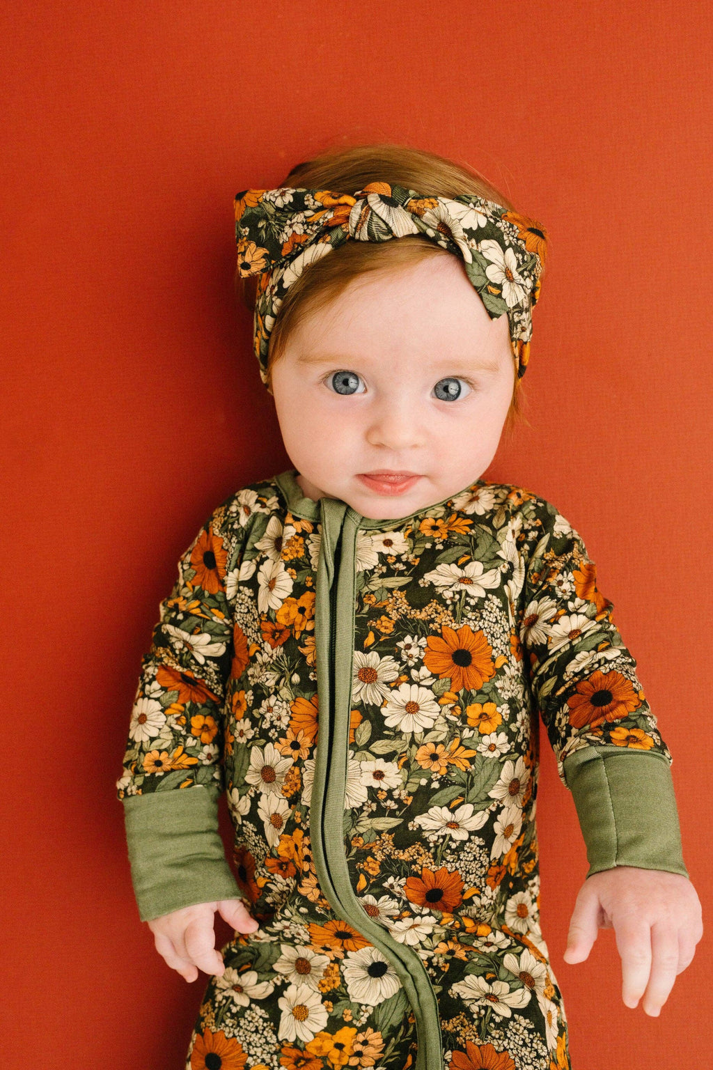 Bamboo Zippered L/S Convertible Romper - Green & Burnt Orange, Rustic Blooms
