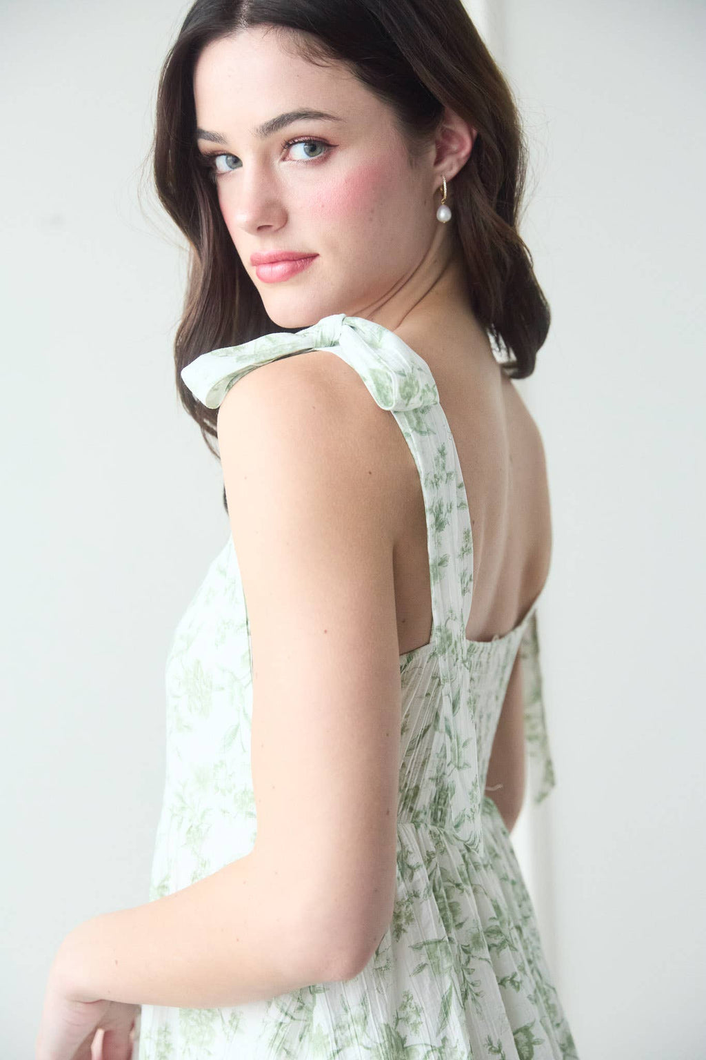 Women's Tie Strap Floral Tiered Midi Sun Dress - Sage Green Floral