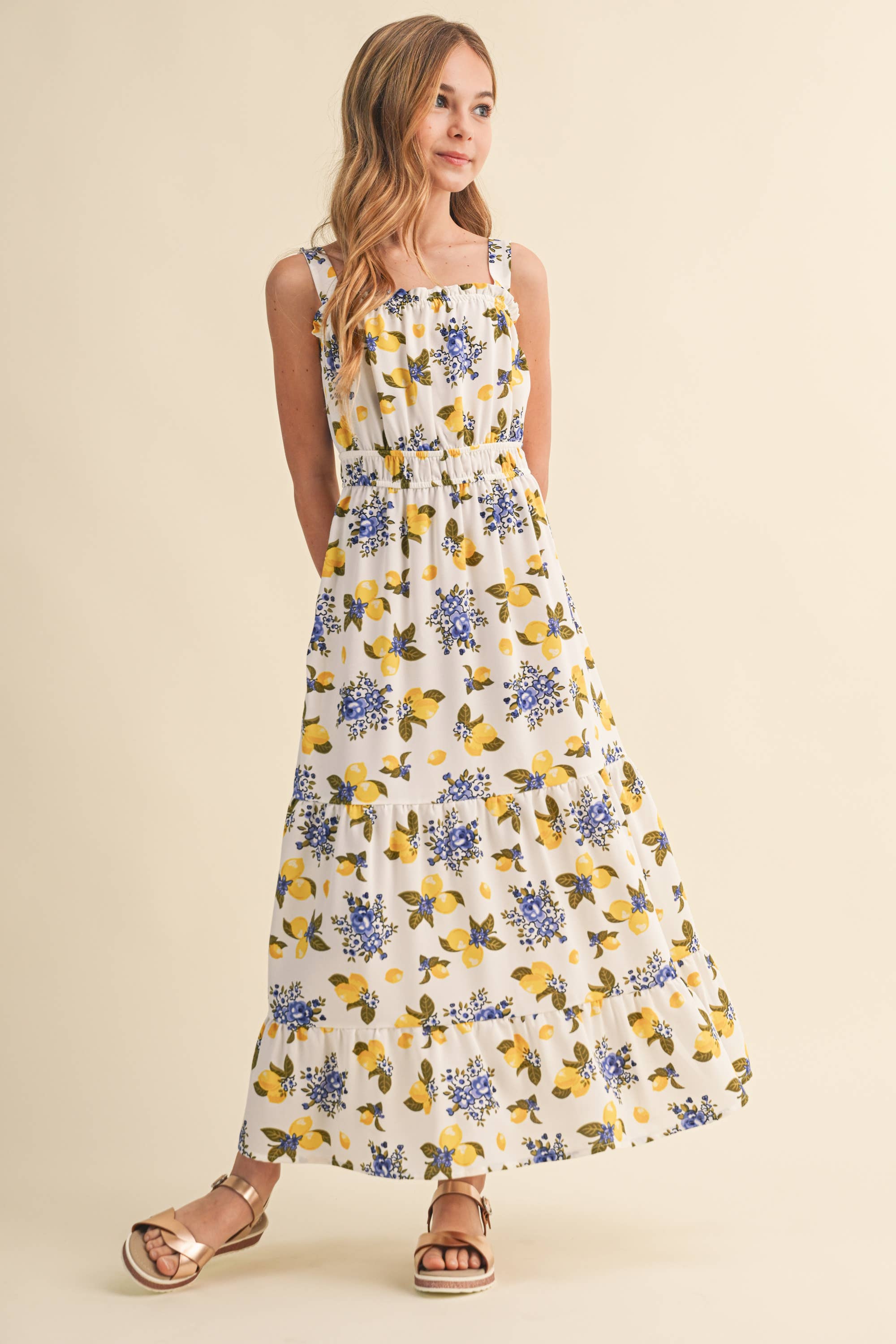 Tween and Teen Girls Maxi Sundress - Juliette Italian Summer Lemon Floral